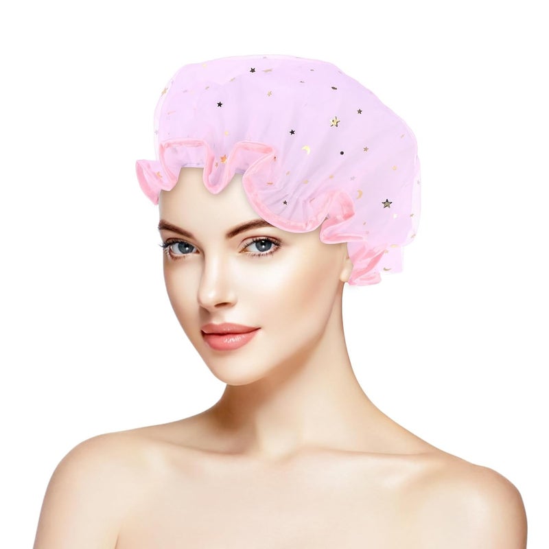 Double Layer Star Pattern Waterproof Shower Cap Thick Reusable Spa Hair Protection For Women - Image 4